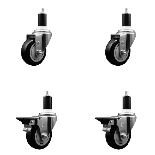 Service Caster 3.5'' Black Poly Wheel Swivel 1-3/8'' Expanding Stem Caster Set 2 Brakes, 4PK SCC-EX20S3514-PPUB-BLK-2-PLB-2-138 - main